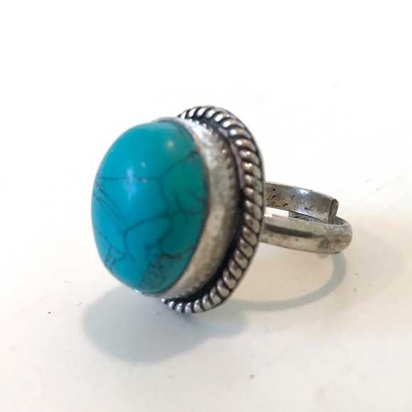 Semi-Precious Turquoise & Silver Adjustable Ring 3/4” - Picture 1 of 13